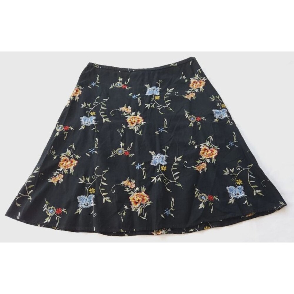 Intuitions Black Floral Embroidered A-Line Skirt Boho Cottagecore Y2K Size 12